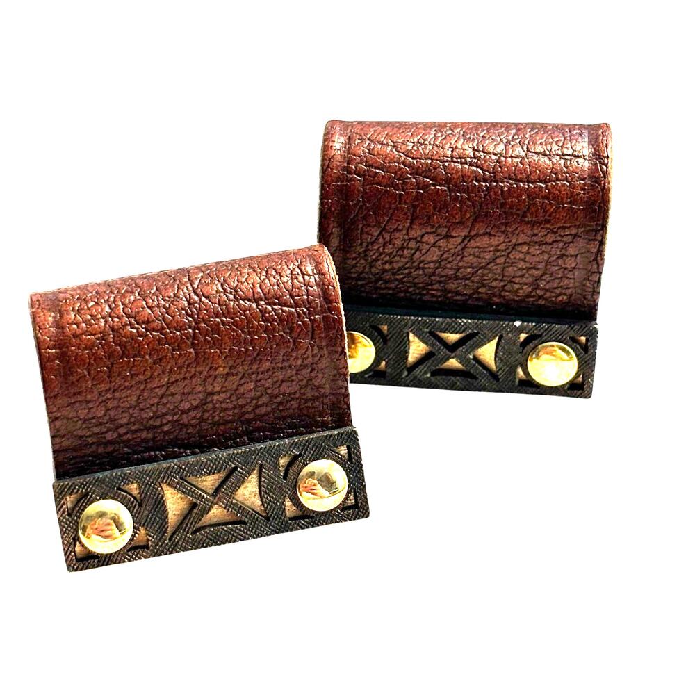 Vintage cufflinks brown leather wraps gold geometric details unique statement